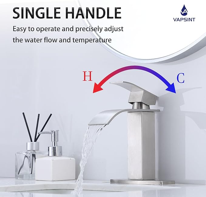 VAPSINT Brushed Nickel Waterfall Bathroom Faucet, Modern Single Handle Bathroom Sink Faucet for 1 or 3 Hole, Stainless Steel Deck Mount Vanity Washbasin Faucets with Deck Plate and Pop-up Drain