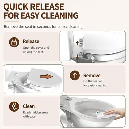 Raised Bidet Toilet Seat, Elongated 18.5", Soft Close | 2.91" raised height, dual self-cleaning nozzles, front & rear wash, quick release, non-electric, secure fit