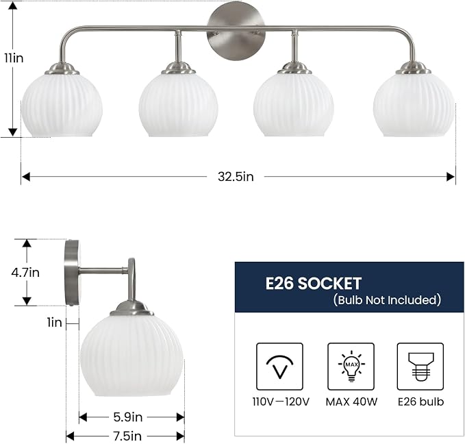 RUIYEY Bathroom Vanity Light Fixtures: 4-Lights Brushed Nickel Vintage Light Fixtures for Bathroom Above Mirror, Mid-Century Modern Wall Lights Indoor with Ribbed Lantern Frosted Milky Glass for Bath