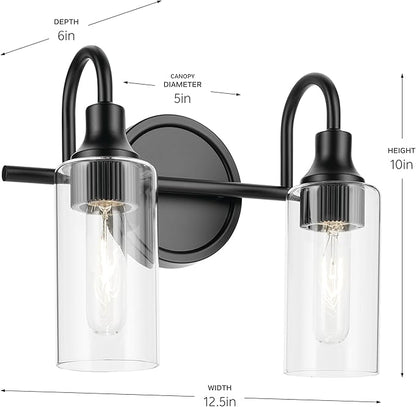 Kichler Kavi 12.5" 2-Light Vanity Light with Clear Glass in Black, Damp Rated, for Bathroom, Powder Room, Over a Mirror, (12.5" W x 10" H), 55210BK