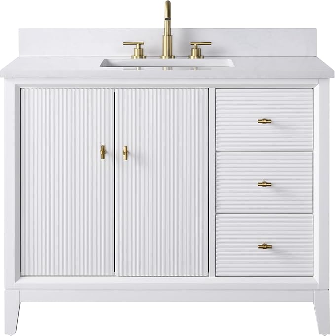 Vanity Art 42" Bathroom Vanity with Single Sink & Arabescato White Engineered Stone Top, Vanity Cabinet with Soft Closing Door, Solid Wood Frame, Golden Brushed Handles, White VA8142-W-GB