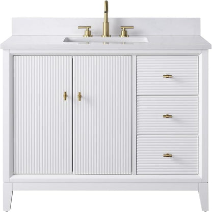 Vanity Art 42" Bathroom Vanity with Single Sink & Arabescato White Engineered Stone Top, Vanity Cabinet with Soft Closing Door, Solid Wood Frame, Golden Brushed Handles, White VA8142-W-GB