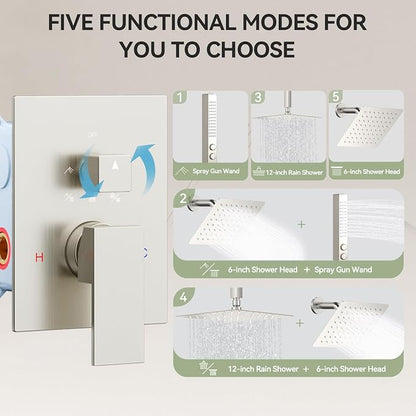 Shower Faucet Sets 12'' Ceiling Mount Shower Systems,Bostingner Five Function Diverter Dual Head Shower Set,6’‘ Wall Mount Rainfall Shower System with 2 in 1 Handheld Spray Brushed Nickel