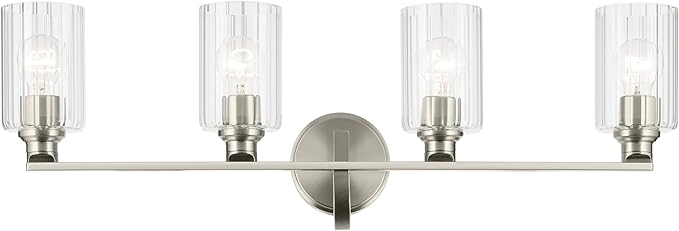 Kichler Gioe 32.25" 4-Light Vanity Light with Clear Fluted Glass in Brushed Nickel, Damp Rated, for Bathroom, Powder Room, Over a Mirror, (32.25" W x 10.5" H), 55227NIFLU