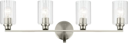 Kichler Gioe 32.25" 4-Light Vanity Light with Clear Fluted Glass in Brushed Nickel, Damp Rated, for Bathroom, Powder Room, Over a Mirror, (32.25" W x 10.5" H), 55227NIFLU
