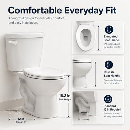 16.3" ADA Height Elongated Two Piece Toilet, Modern White Ceramic Bathroom Toilet with Side Push Handle, Locking PP Lid, 1.28 GPF Water Efficient Flush, cUPC Certified