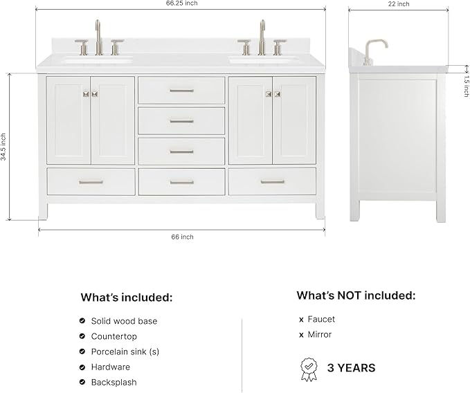 DKB Beckford 66-Inch White Double Bathroom Vanity, 1.5-Inch Edge Carrara Quartz Countertop & Splash, Rectangular Sinks, 4 Soft Closing Doors, 6 Full Extension Dovetail Drawers, Brushed Nickel