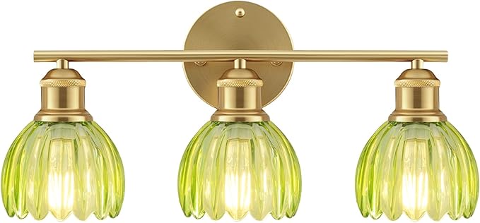 Bathroom Light Fixtures, 3-Light Brushed Gold Vanity Lights for Bathroom with Green Tulip Glass Shade, 20" Vintage Bathroom Vanity Lighting Fixtures Over Mirror for Bedroom Living Room Hallway