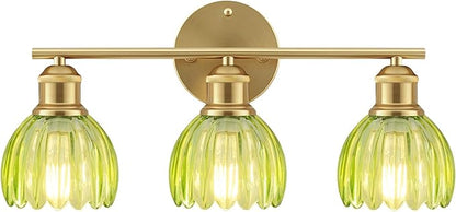 Bathroom Light Fixtures, 3-Light Brushed Gold Vanity Lights for Bathroom with Green Tulip Glass Shade, 20" Vintage Bathroom Vanity Lighting Fixtures Over Mirror for Bedroom Living Room Hallway