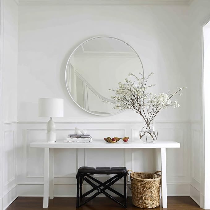 White Circle Mirror 34 inch, Round Wall Mirror, Matte Metal Frame | Matte White Metal Frame, High Definition Mirror, Rust-resistant, Suitable for Bedroom, Hallway, Entryway, Living Room