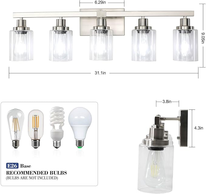 Bathroom Vanity Light, 5-Light Nickel Modern Matte Wall Sconce Lighting with Clear Glass Shade, Wall Lights,Bath Vintage Wall Mounted Lamps for Mirror Bedroom Living Room