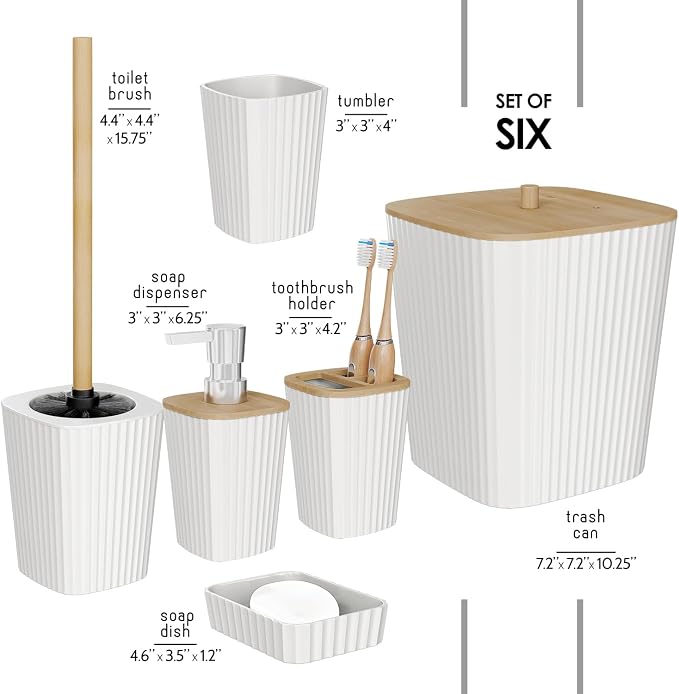 Clara Clark Bathroom Set - White Bathroom Accessories Set, 6PC Bathroom Accessory Set, Bathroom Sets with Toilet Brush, Trash Can & Soap Dispenser
