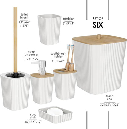Clara Clark Bathroom Set - White Bathroom Accessories Set, 6PC Bathroom Accessory Set, Bathroom Sets with Toilet Brush, Trash Can & Soap Dispenser