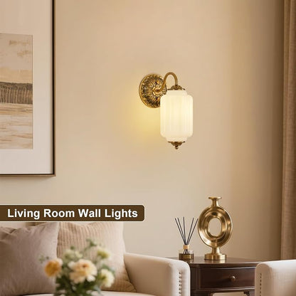 Milk Glass Sconce Set of 2 Vintage Vanity Sconces Bulb Included | Milk Glass Art Deco Antique Wall Sconce Wall Light for Bedroom Bathroom Living Room Entryway, Antique Retro and White 2 Pack