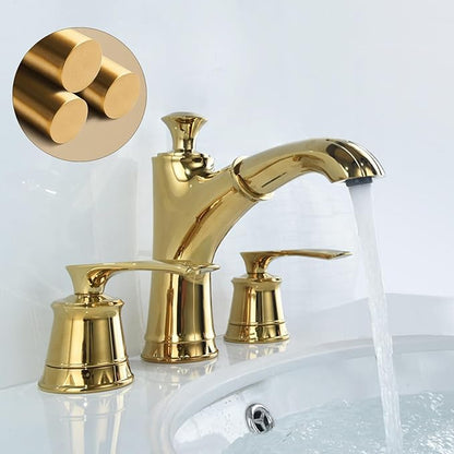 BiaoTeng Faucet for Bathroom Sink Pull Down Three Hole Hot and Cold Brass Double Handle Bathroom Faucets for Sink 3 Hole Pull Out Gold