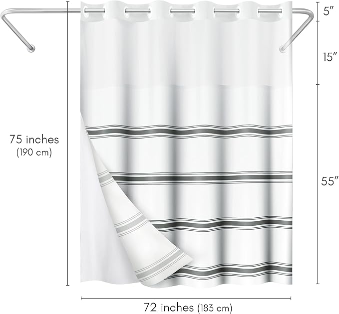 Americanflat 72x75 Hookless Shower Curtain - Water-Resistant Classic Stripe Shower Curtain with Sheer Panel, Snap-in Liner, and Durable Grommets - 100% Polyester - Black and White
