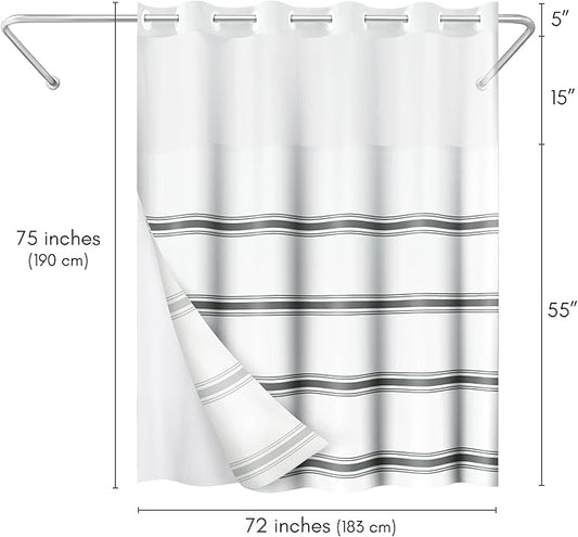 Americanflat 72x75 Hookless Shower Curtain - Water-Resistant Classic Stripe Shower Curtain with Sheer Panel, Snap-in Liner, and Durable Grommets - 100% Polyester - Black and White