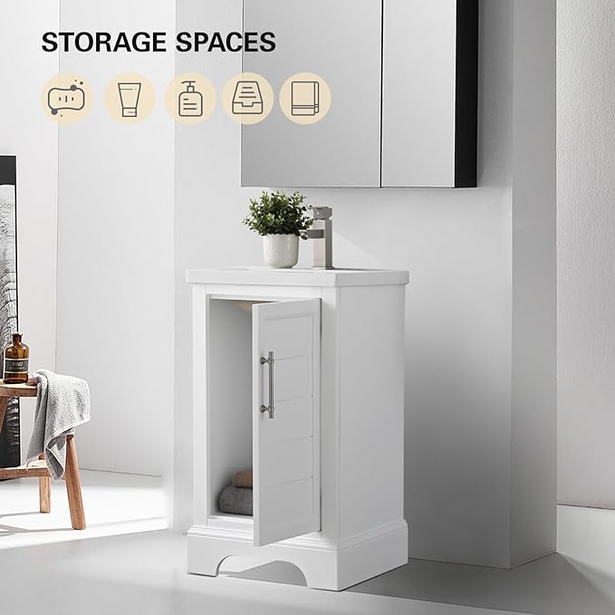 HOMEBEYOND 20 Inch Bathroom Vanity with Single Sink & Ceramic Top, Vanity Cabinet with Center Countertop Basin, Soft-Closing Doors, White