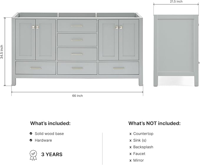 ARIEL Cambridge 66-inch Bathroom Vanity Base Cabinet,Solid Wood, 4 Soft Closing Doors, 6 Dovetail Drawers, Grey