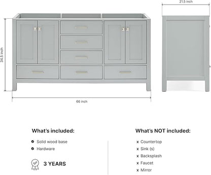 ARIEL Cambridge 66-inch Bathroom Vanity Base Cabinet,Solid Wood, 4 Soft Closing Doors, 6 Dovetail Drawers, Grey