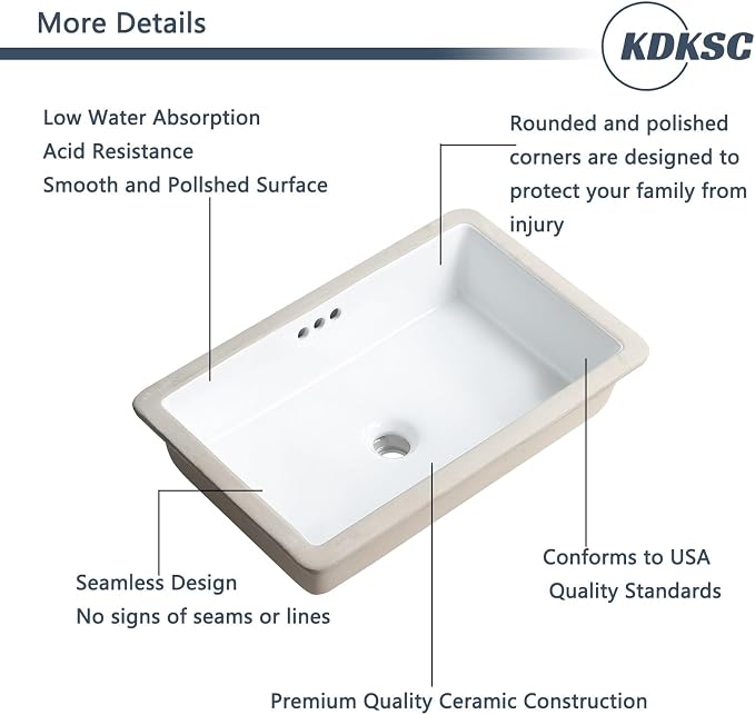 22 Inch Undermount Bathroom Sink Rectangular Undermount Sink White Ceramic Under Counter Bathroom Sinks with Flat Overflow Type (21.8"x 14")