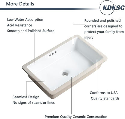 22 Inch Undermount Bathroom Sink Rectangular Undermount Sink White Ceramic Under Counter Bathroom Sinks with Flat Overflow Type (21.8"x 14")