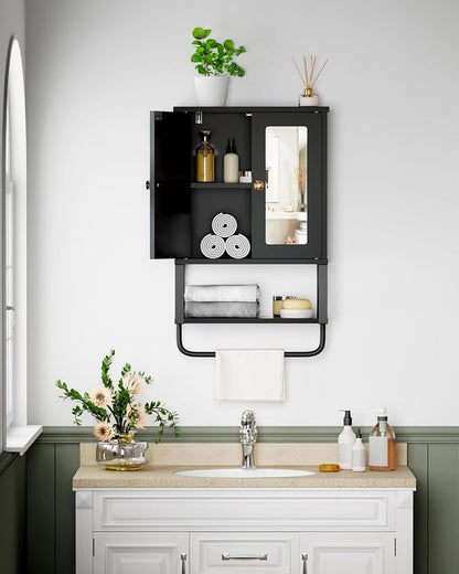 BEWISHOME Bathroom Medicine Cabinet Mirror with Towel Bar, Black | Wall Mounted Cabinet with Adjustable Shelf Hooks, Space-Saving Over-Toilet for Bathroom, Living Room, 7.1x15.4x24.4 Inches