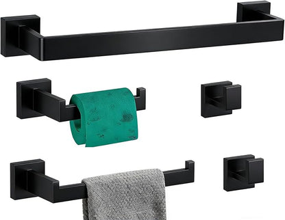 5-Pieces Bathroom Hardware Set Matte Black Bathroom Accessories Set SUS304 Towel Bar Set Includes 1 Towel Bar 16 Inch+1 Towel Holder+1 Toilet Paper Holder+2 Towel Hooks (5, Matte Black, 16 Inch)