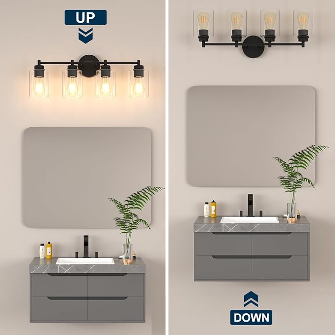 4-Light Bathroom Light Fixtures, Matte Black Modern Vanity Light with Clear Glass Shades, Bathroom Sconce for Mirror Living Room Cabinet Bedroom Porch,E26 Base(Bulbs Not Included)