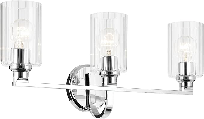 Kichler Gioe 24.25" 3-Light Vanity Light with Clear Fluted Glass in Chrome, Damp Rated, for Bathroom, Powder Room, Over a Mirror, (24.25" W x 10.5" H), 55226CHFLU