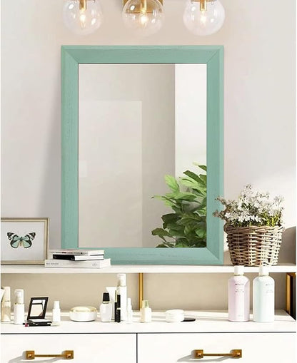 AAZZKANG Wood Framed Mirror Rectangle Modern Farmhouse Wall Mirrors Decor Large 26"x18" for Bedroom Living Room Bathroom Green