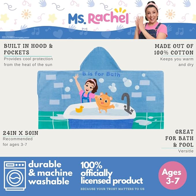 Ms. Rachel Kids Super Soft Bath/Pool/Beach Soft Cotton Terry Hooded Towel Wrap, 24 in x 50 in, (Officially Licensed Product) By Franco