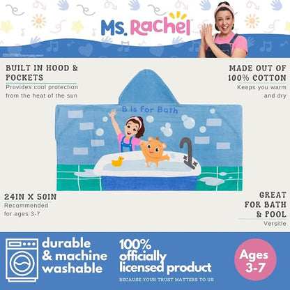 Ms. Rachel Kids Super Soft Bath/Pool/Beach Soft Cotton Terry Hooded Towel Wrap, 24 in x 50 in, (Officially Licensed Product) By Franco
