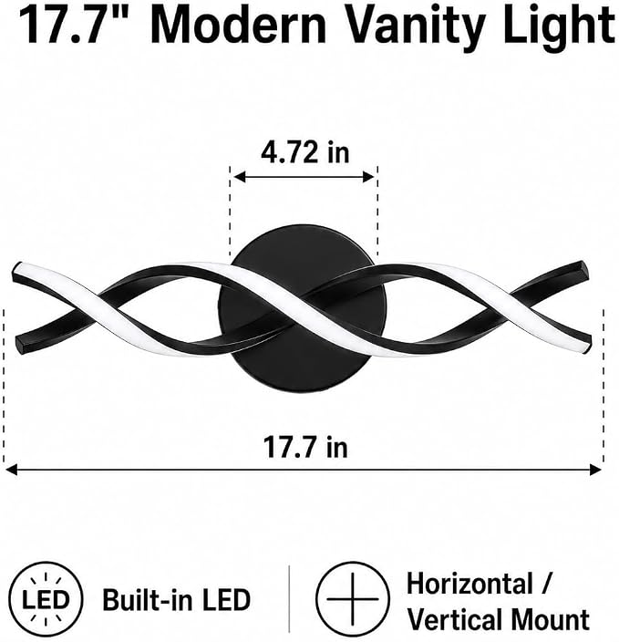 Modern Black LED Vanity Lighting,Bathroom Light Fixture Over Mirror,18 Inch,6000K Cool White
