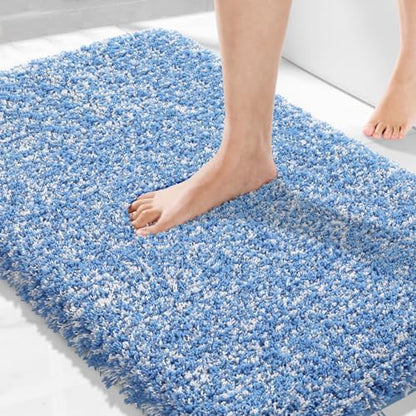 Yimobra Bathroom Rugs Non Slip Washable 36X24, Ultra Soft and Water Absorbent Bath Mats, Plush Fluffy Shower Mat Outside, Luxury Microfiber Thick Matts for Bathroom Floor/Tub, Blue and White