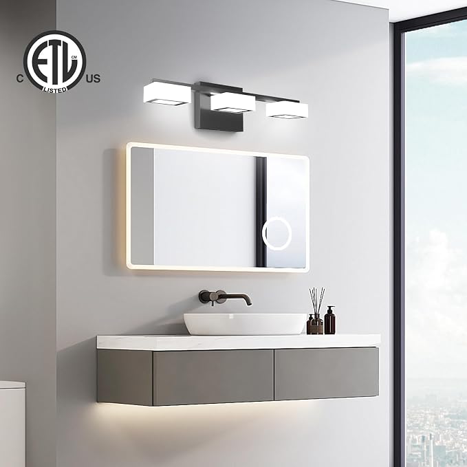 LED Modern Bathroom Light Fixtures Over Mirror, 3-Light Dimmable Vanity Lights, Matte Black Acrylic Bathroom Vanity Light, 2700K-6500K Adjustable, ETL Certificated
