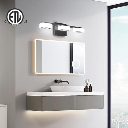 LED Modern Bathroom Light Fixtures Over Mirror, 3-Light Dimmable Vanity Lights, Matte Black Acrylic Bathroom Vanity Light, 2700K-6500K Adjustable, ETL Certificated