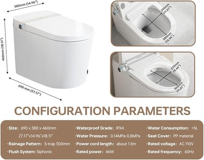 MEJE #A5 - Basic Smart Function Toilet with Built-in Heated Seat, Elongated Tankless Toilet with Auto Flushing, Foot Kick Flushing, Adjustable Seat Temperature, Flush Remote Control, Night Light