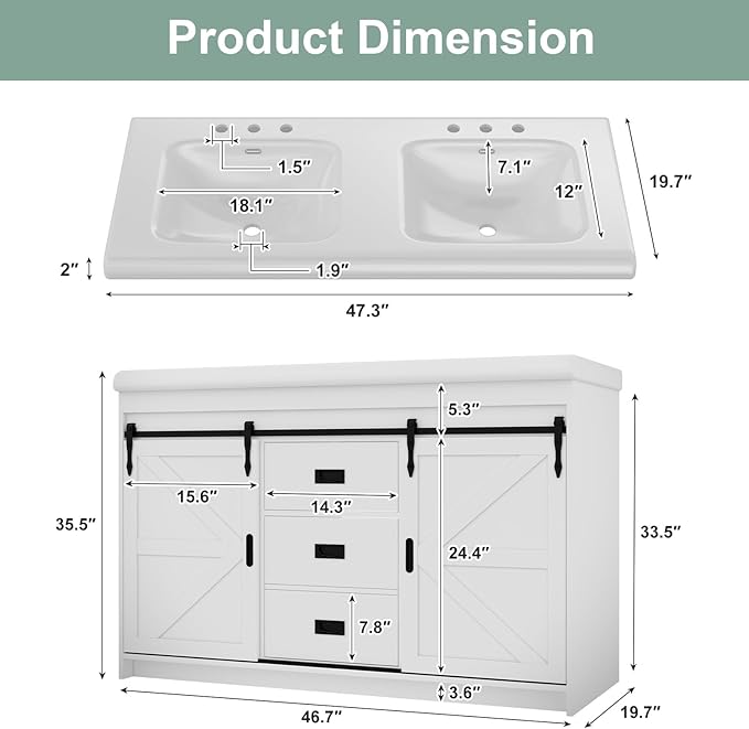 48 Inch Bathroom Vanity with Doulble Sink, Bathroom Vanity Cabinet with 2 Sinks, White Bath Vanities with 2 Sliding Doors (20" D x 48" W x 36" H)