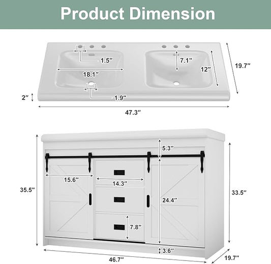 48 Inch Bathroom Vanity with Sink, Bathroom Vanity Cabinet with Doulble Sink, White Bath Vanities with 2 Sliding Doors (20" D x 48" W x 36" H)