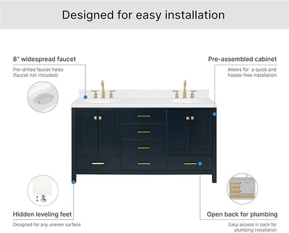 ARIEL Cambridge 66-inch Bathroom Vanity with Sink,Solid Wood, 1.5-inch Carrara White Quartz Countertop, Double Oval Porcelain Sink, 4 Soft Closing Doors, 6 Dovetail Drawers, Midnight Blue