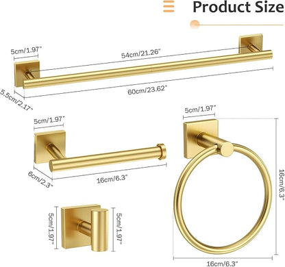 5 Pieces Brushed Gold Bathroom Hardware Set Towel Bar Set Stainless Steel Wall-Mounted Bathroom Accessories Set 23.6 Inch Towel Racks for Bathroom