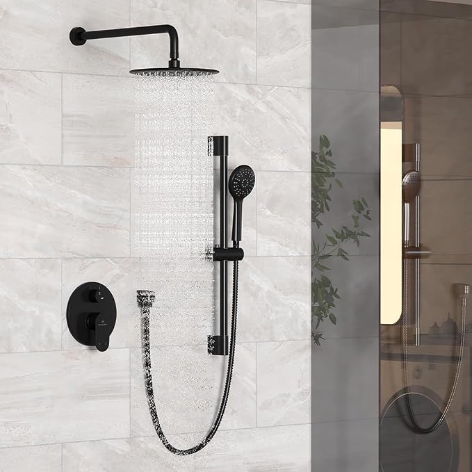 MONDAWE 9 Inch Wall Mounted Shower Faucet Set in Matte Black, Rainfall Shower Head with 3-Setting Handheld Spray Shower Set Combo, High Pressure Shower System with Solid Brass Valve