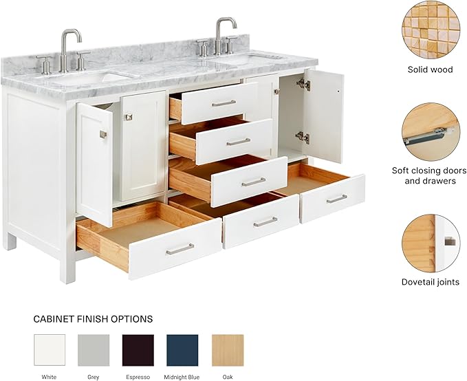 ARIEL Cambridge 66-inch Bathroom Vanity with Sink,Solid Wood, 1.5-inch Italian Carrara Marble Countertop, Double Rectangular Porcelain Sink, 4 Soft Closing Doors, 6 Dovetail Drawers, White