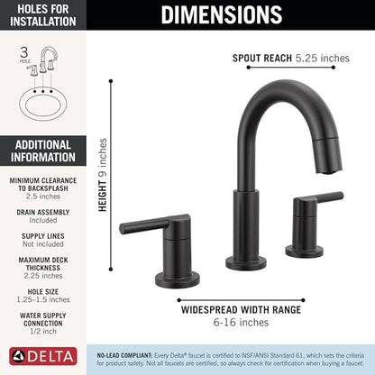 Delta Nicoli Matte Black Bathroom Faucet with Sprayer, 8 Inch 3 Hole Widespread Bathroom Sink Faucet with Pull Out Sprayer, Push-Pop Drain, Matte Black 35749LF-BLPD