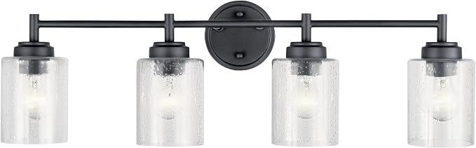 Kichler Winslow 4-Light Farmhouse Vanity Light, Black | Clear seeded glass vanity light with industrial styling (30" x 9.25" x 6.5"), 45887BK