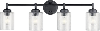 Kichler Winslow 4-Light Farmhouse Vanity Light, Black | Clear seeded glass vanity light with industrial styling (30" x 9.25" x 6.5"), 45887BK