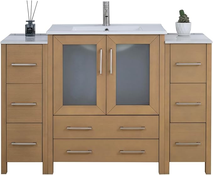 Vanity Art 54 Inch Under Mount Single Sink Bathroom Vanity Cabinet with 1 Mirror, Ceramic Top Bathroom Cabinet Compact Set with 8 Dovetail Storage Drawers and Brushed Nickel Handles, VA3030-54-NO