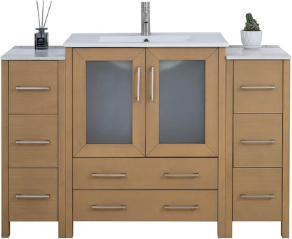 Vanity Art 54 Inch Under Mount Single Sink Bathroom Vanity Cabinet with 1 Mirror, Ceramic Top Bathroom Cabinet Compact Set with 8 Dovetail Storage Drawers and Brushed Nickel Handles, VA3030-54-NO