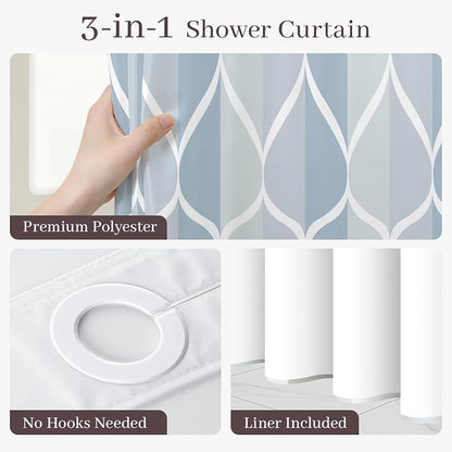 Gelbchu Dark Blue No Hook Shower Curtain with Snap-in Liner, 71 x 74 Inch | Built-In Hooks, Mesh Top Window, Water-Repellent, Machine Washable, Quick Drying, Premium Polyester, Hotel Style, Modern
